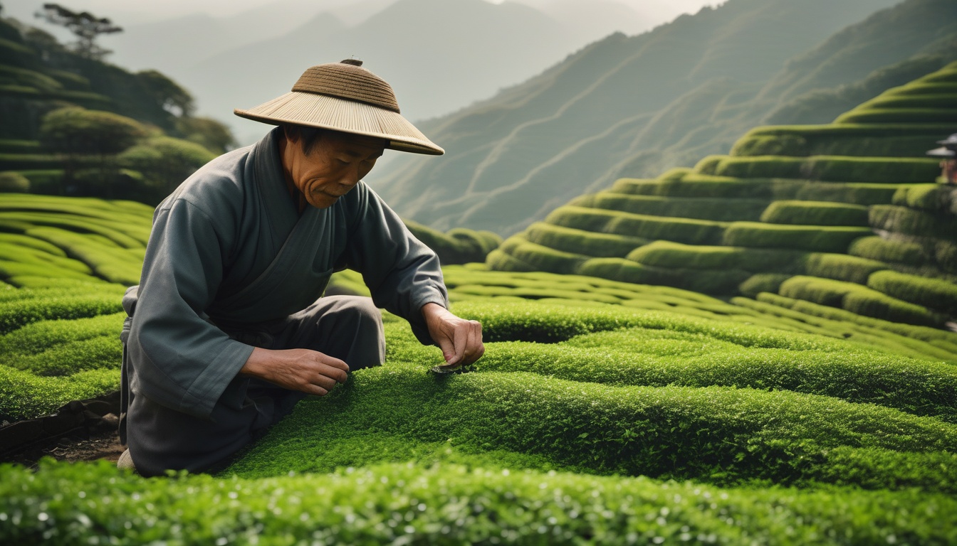 黒い被覆資材の下でてん茶の茶葉を手摘みする日本の生産者と背景の石臼のある茶園