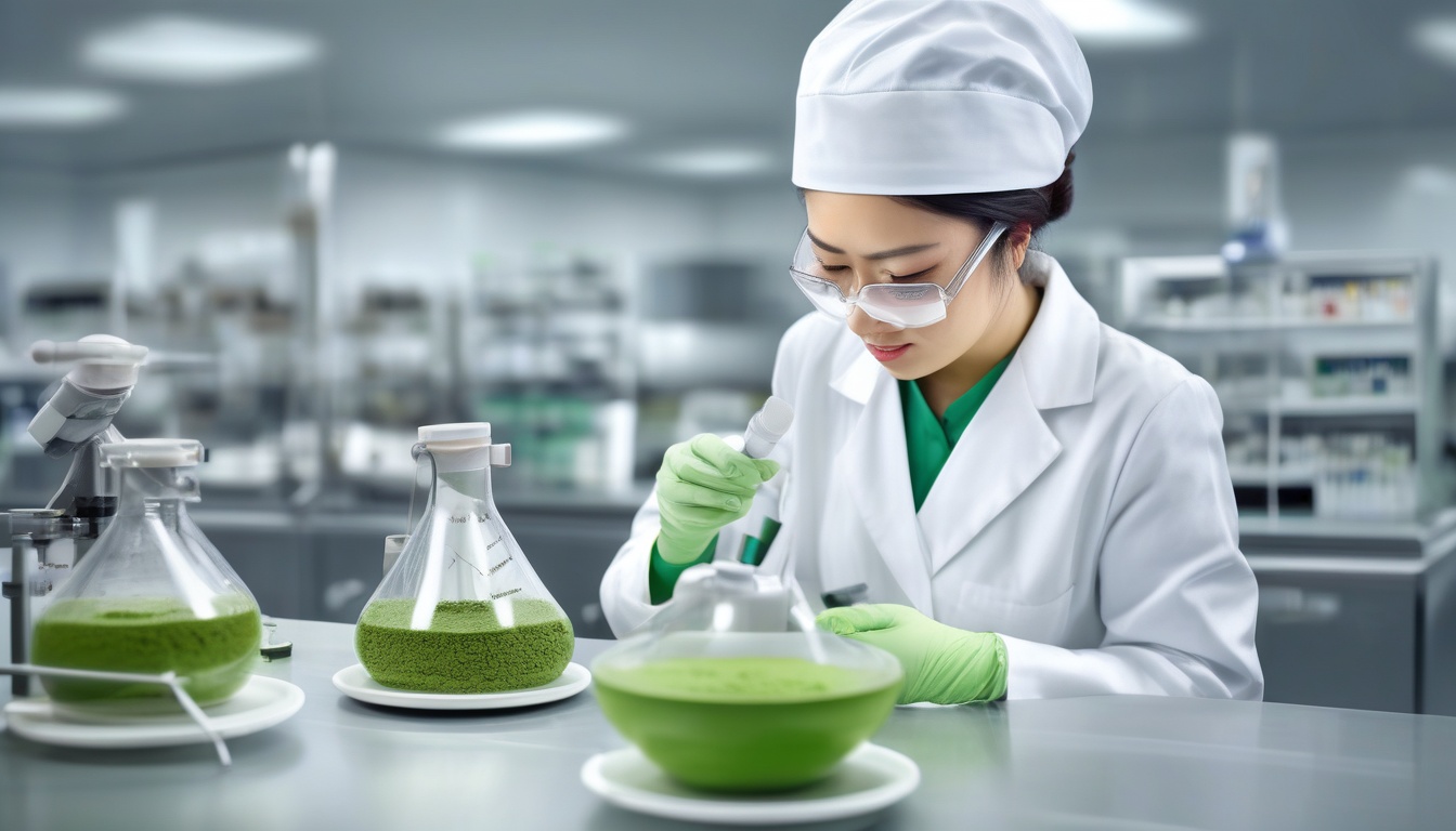 食品検査ラボで抹茶サンプルを分析する品質管理担当者