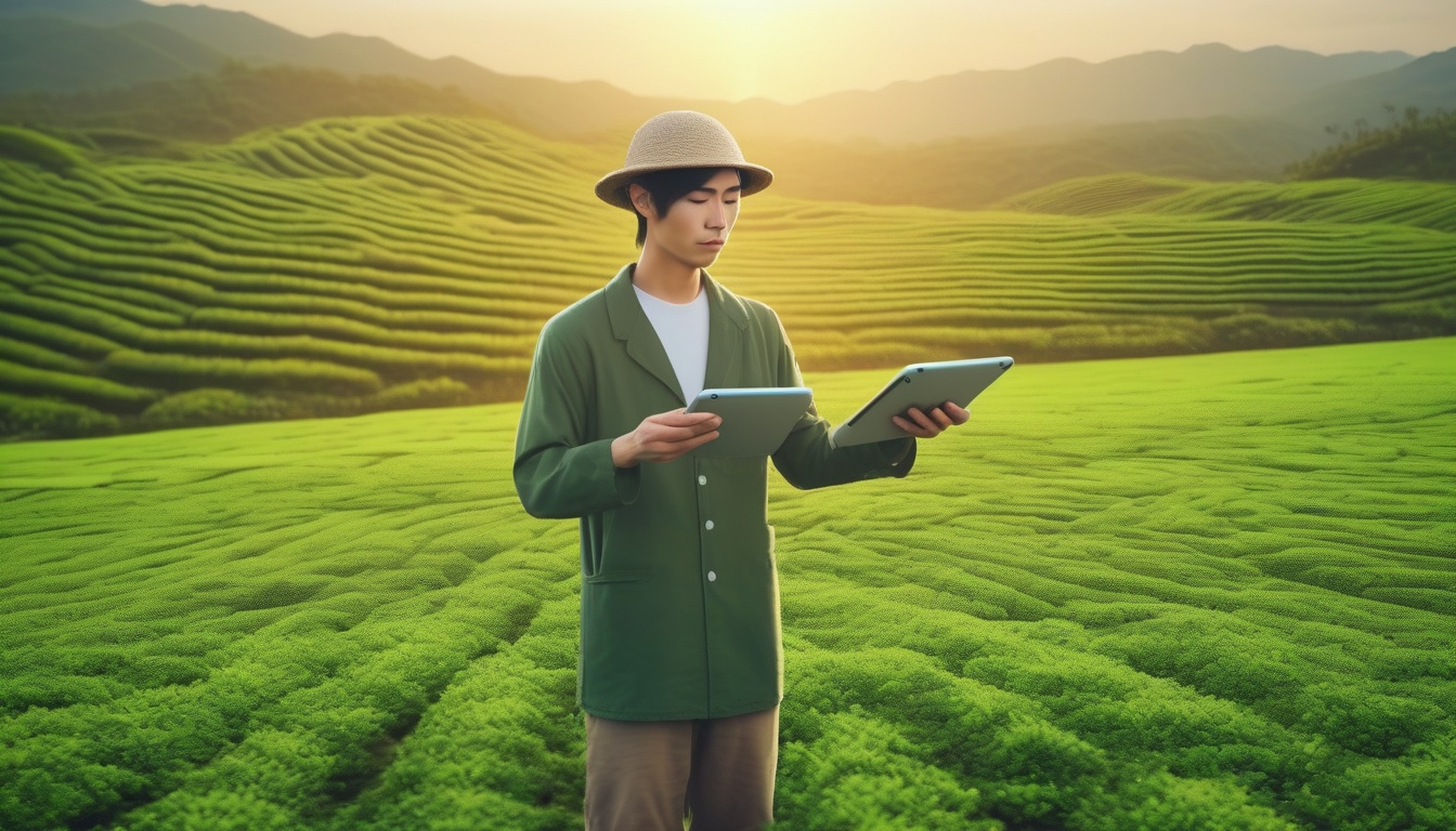 日の出の茶園でタブレットとドローンを使い生育を管理する若手生産者