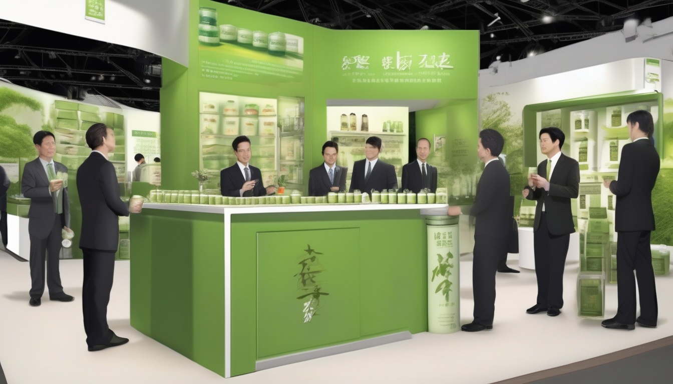 国際見本市で海外バイヤーに日本茶製品を提案する日本企業の担当者