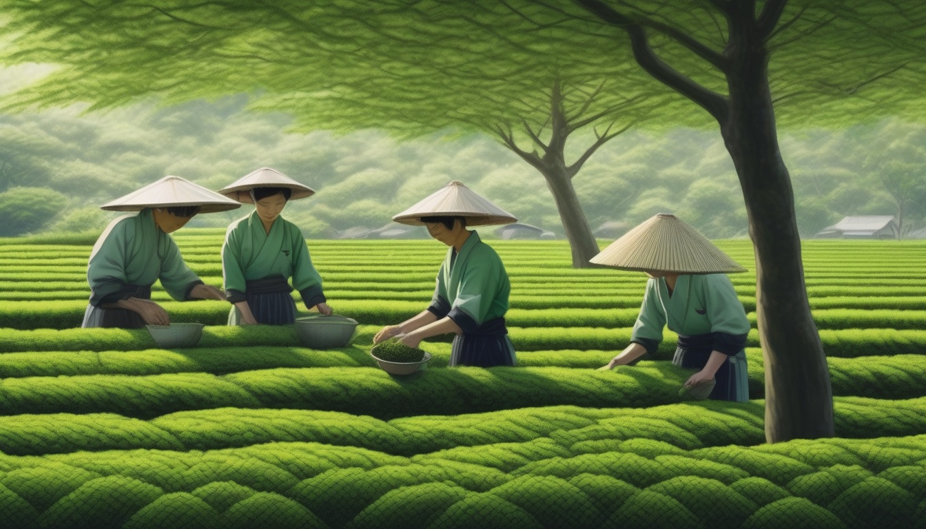 黒い被覆資材の下でてん茶の茶葉を手摘みする日本の生産者